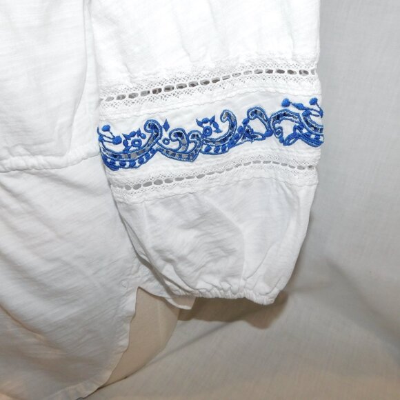 Lauren Ralph Lauren M White Blue Embroidered Tunic Top Boho Peasant Blouse - Picture 9 of 12